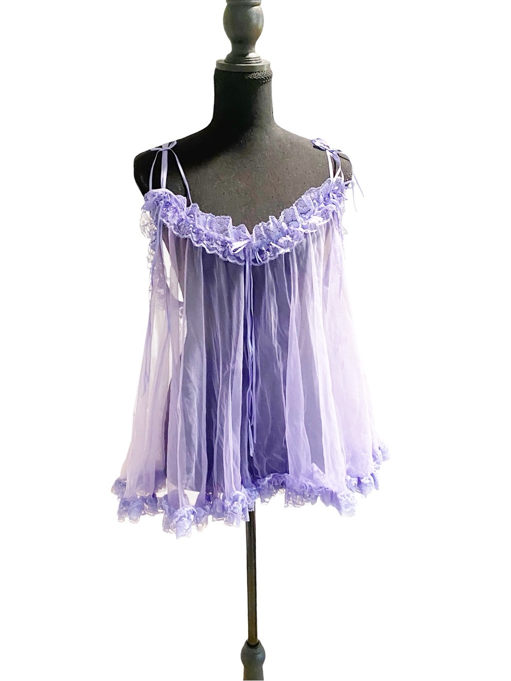 Vintage Sheer Lavender Ruffled Babydoll Camisole With Lace, Ribbons, Small